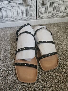 Studded Black Strap Slide Sandals - Women